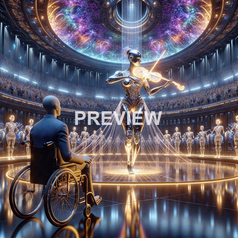 A futuristic scene of a humanoid robot playing the violin on a stage in a grand, high-tech auditorium with an audience and elaborate, luminous decorations overhead.